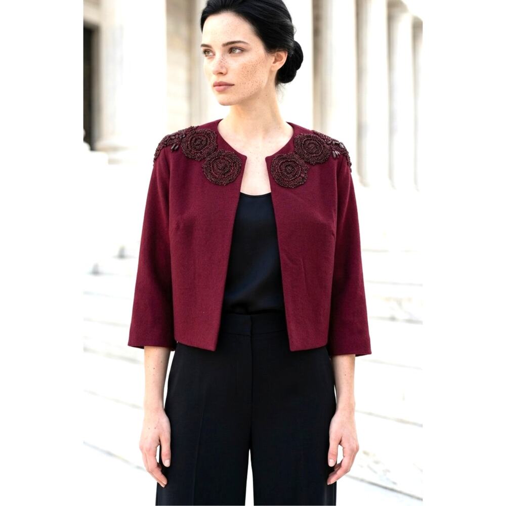 Antique 1920s Burgundy 100% Wool Beaded Open Front Cropped Jacket Wearable Art